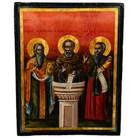 Antique Greek Eastern Orthodox Religious Painted Icon Egg Tempera 3 Saints 1780