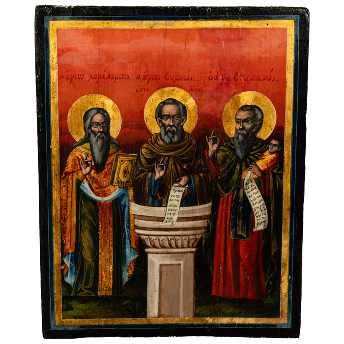 Antique Greek Eastern Orthodox Religious Painted Icon Egg Tempera 3 Saints 1780