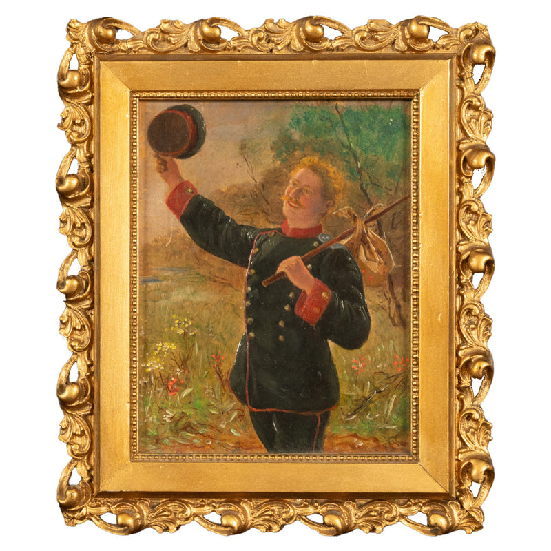 Antique German Miniature Oil Painting Alpine Bavarian Army Soldier Portrait by Emil Karl Rau, 1898