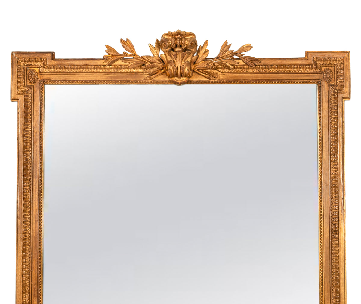 Large Antique 19th Century French Louis XVI Giltwood Crested Wall Mirror 1850