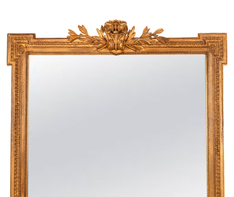 Large Antique 19th Century French Louis XVI Giltwood Crested Wall Mirror 1850