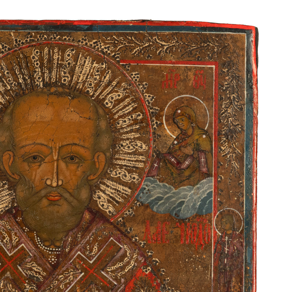Antique 19thC Russian Orthodox Egg Tempera Painted Icon St Nicholas of Myra 1820