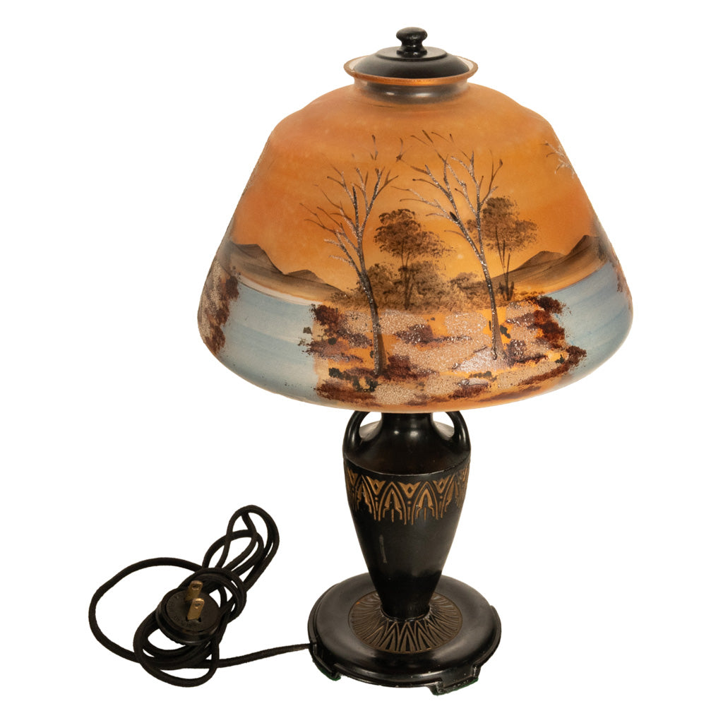 Antique Art Deco Moe Bridges Reverse Painted Landscape Boudoir Table Lamp 1920