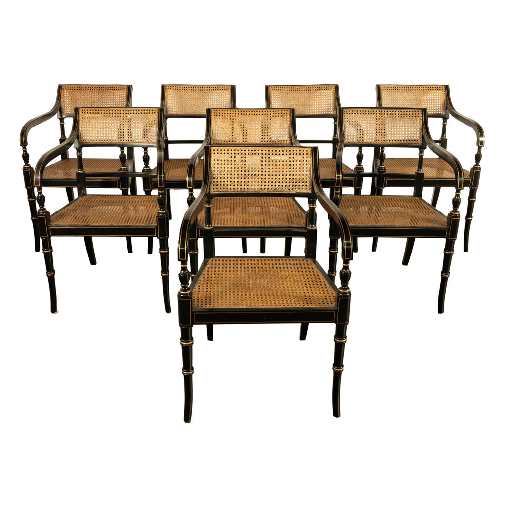 Set Eight Federal Style Japanned & Gilded Dining Arm Chairs Kittinger Furniture