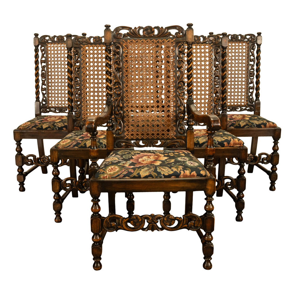 Antique 19thC Set 6 Carved Caned Jacobean Barley Twist Walnut Dining Chairs 1870