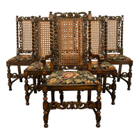 Antique 19thC Set 6 Carved Caned Jacobean Barley Twist Walnut Dining Chairs 1870