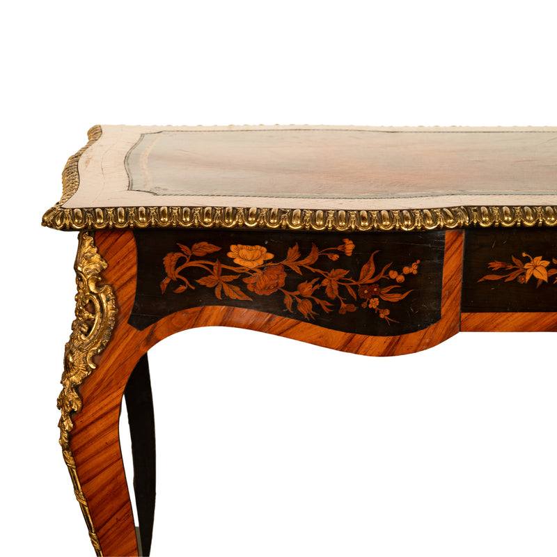 Antique French Louis XV Tulipwood Marquetry Ormolu Bureau Plat Writing Table Circa 1880