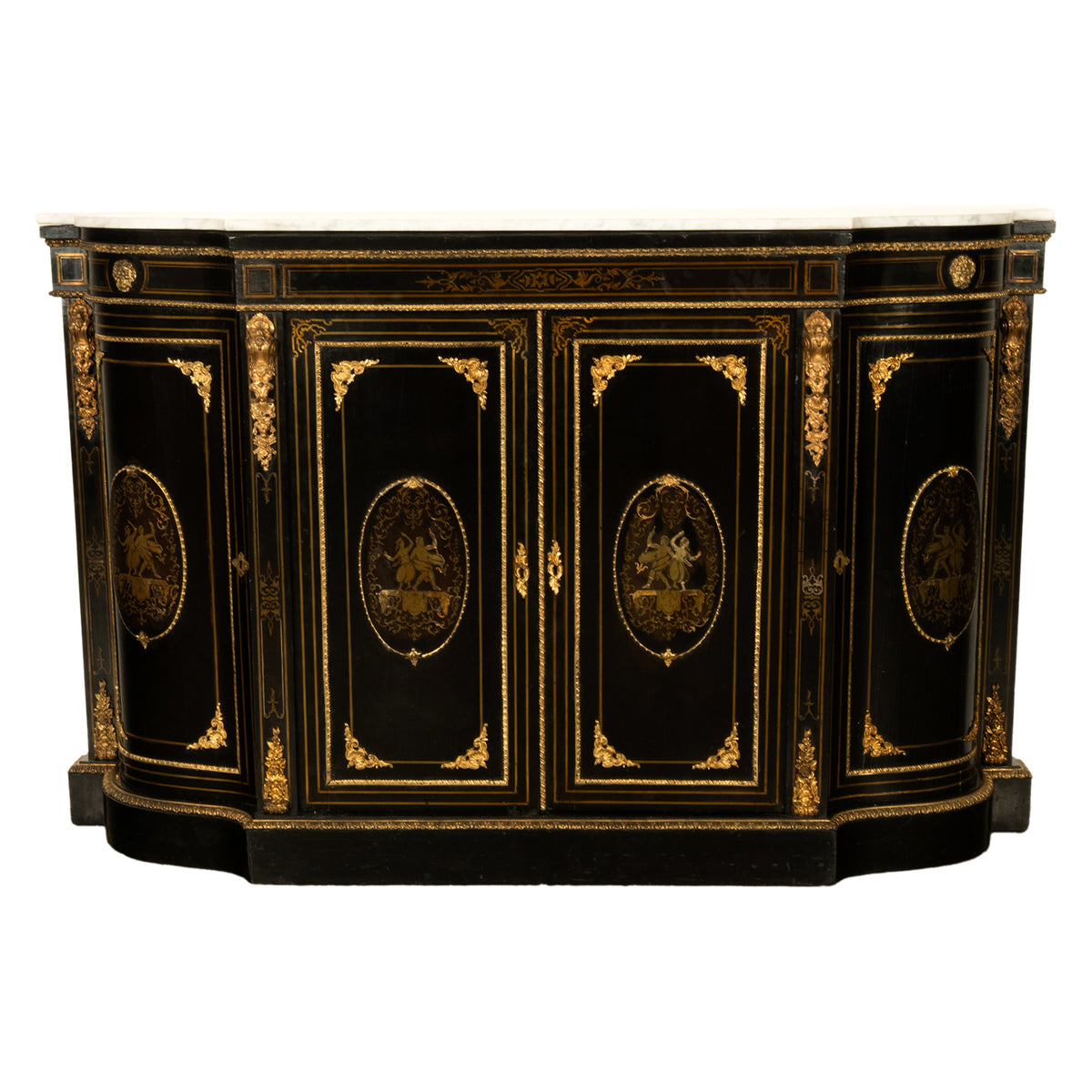 19th Century French Napoleon III Ormolu & Marble Ebonized Cabinet Sideboard 1860