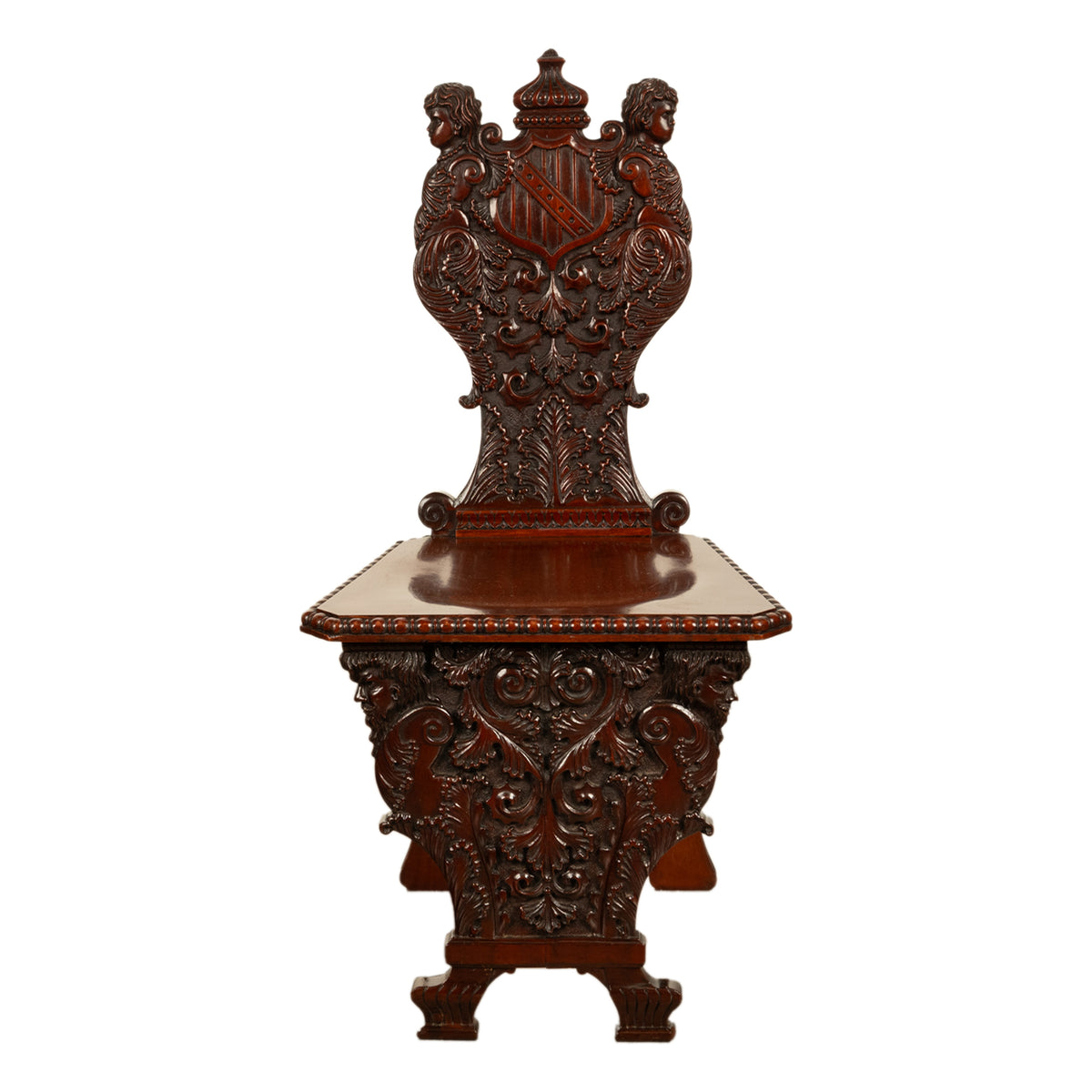 Antique Carved Italian Renaissance Revival Sgabello Chair Coat of Arms & Cherubs, 1870