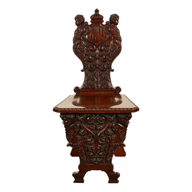 Antique Carved Italian Renaissance Revival Sgabello Chair Coat of Arms & Cherubs, 1870