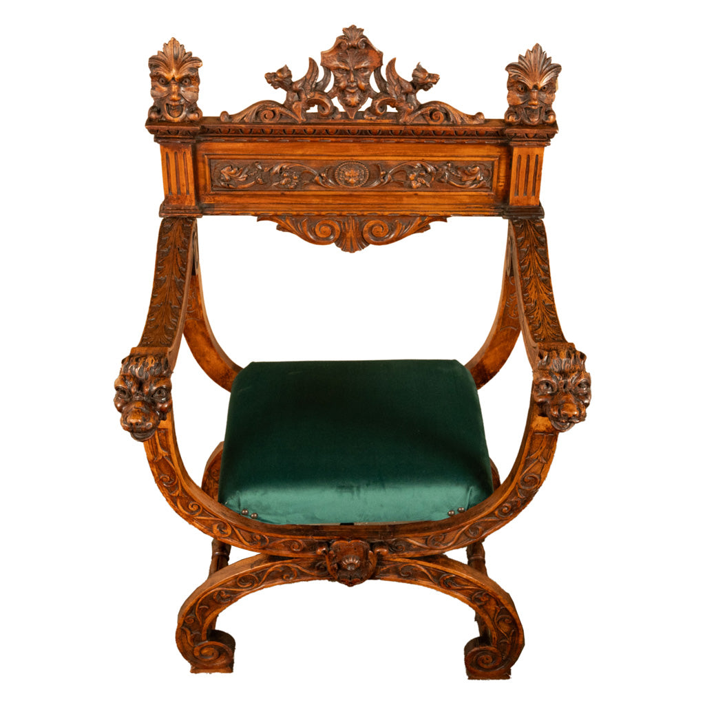 Antique Renaissance Revival Carved Walnut Green Man Savonarola Chair Circa 1890