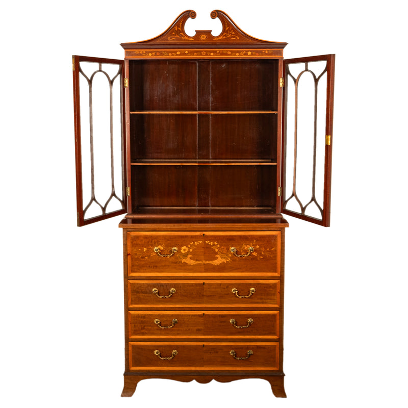 Antique Georgian Sheraton Marquetry Mahogany Bureau Bookcase Butler's Secretary Circa 1810