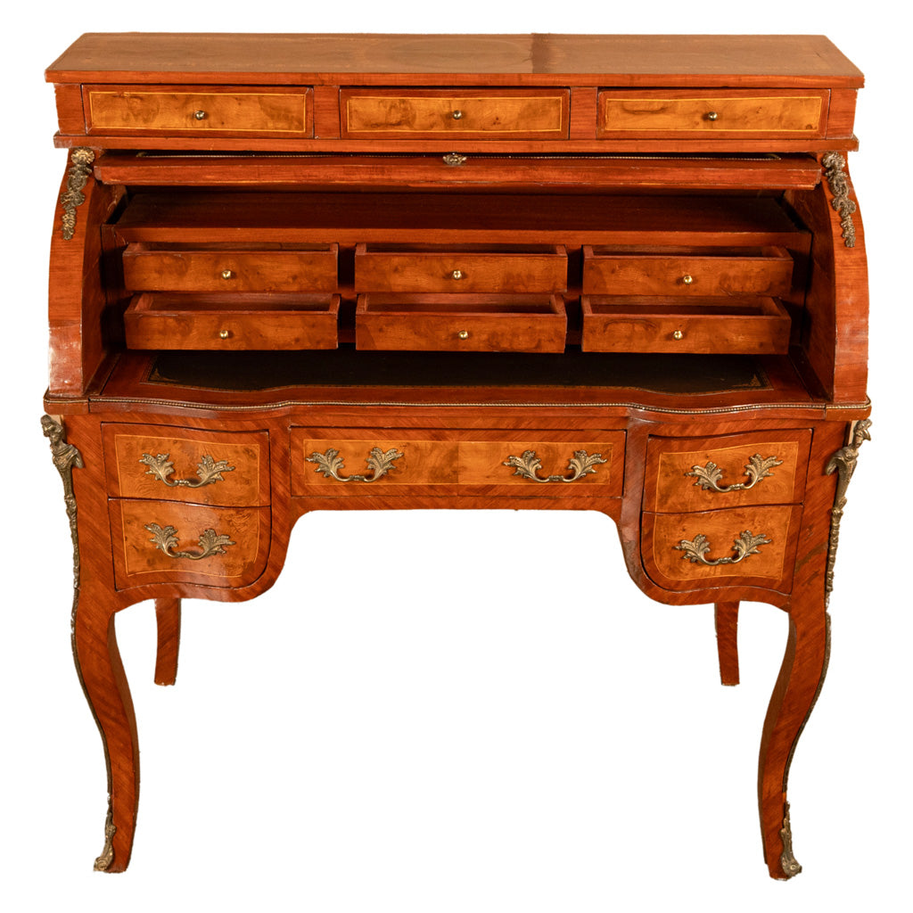 Antique French Louis XV Cylinder Marquetry & Ormolu Bureau Writing Desk 1880