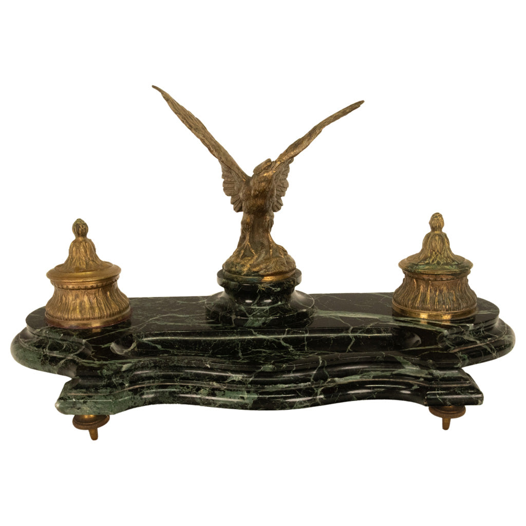Antique 19thC French Empire Gilt Bronze Marble Eagle Desk Set Twin Inkwell 1880