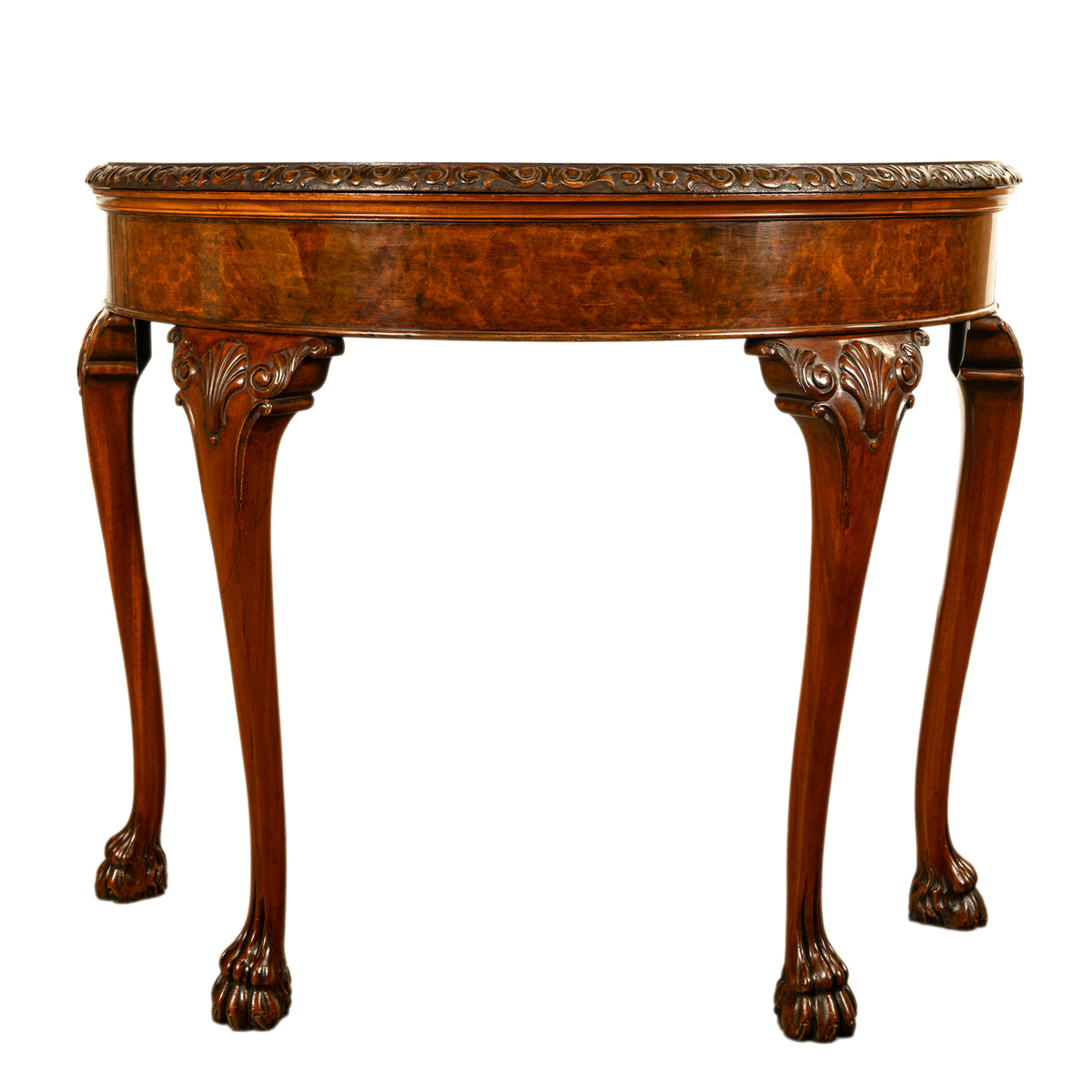 Antique Mahogany Carved Chippendale Demi-Lune Queen Anne Game Console Table 1900