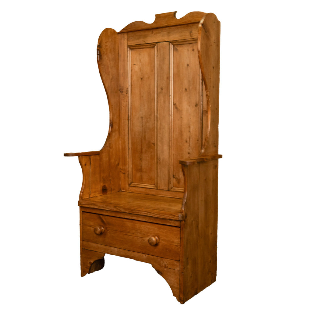 Antique 19thC English Pine Lambing Chair Hall Bench Settle With Drawer 1860