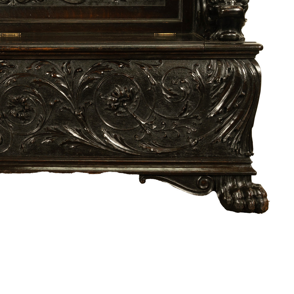 Antique Italian Renaissance Revival Carved Walnut Hall Bench Chest Dolphins 1870