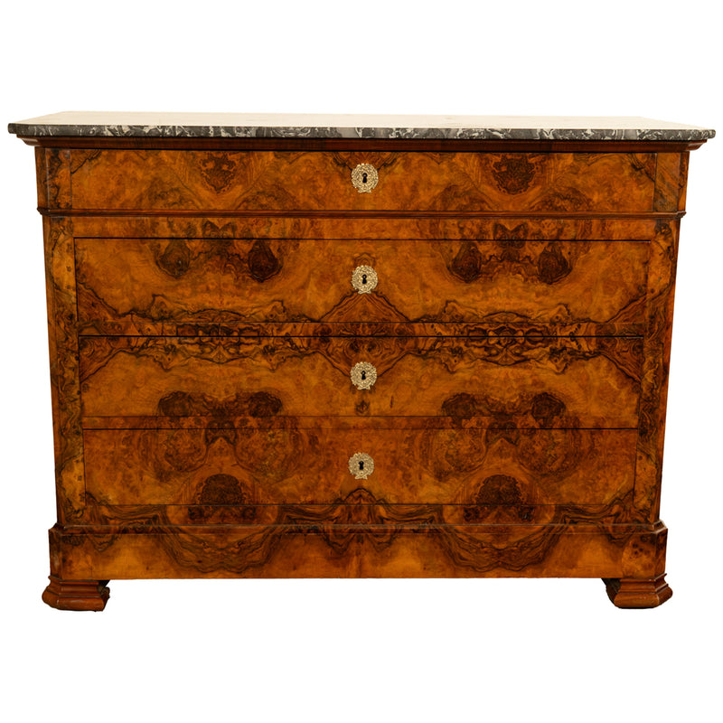 Antique French Walnut & Marble Louis-Philippe Walnut Commode Chest Drawers 1840