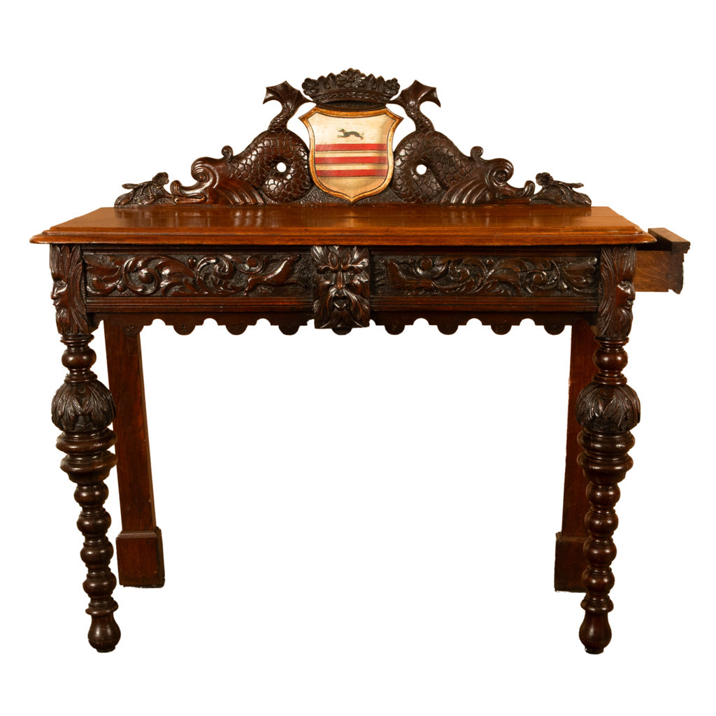 Antique Carved Oak Hall Table Skipworth Family Painted Royal Coat of Arms 1860