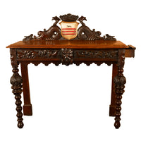 Antique Carved Oak Hall Table Skipworth Family Painted Royal Coat of Arms 1860