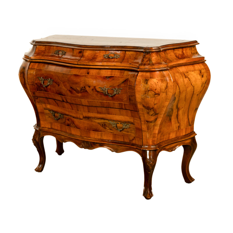 19th Century Italian Antique Inlaid Walnut Bombe Louis XV Venetian Commode 1880