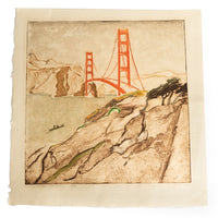 San Francisco Colored Etching Aquatint Golden Gate Bridge by Max Pollak Signed 1944