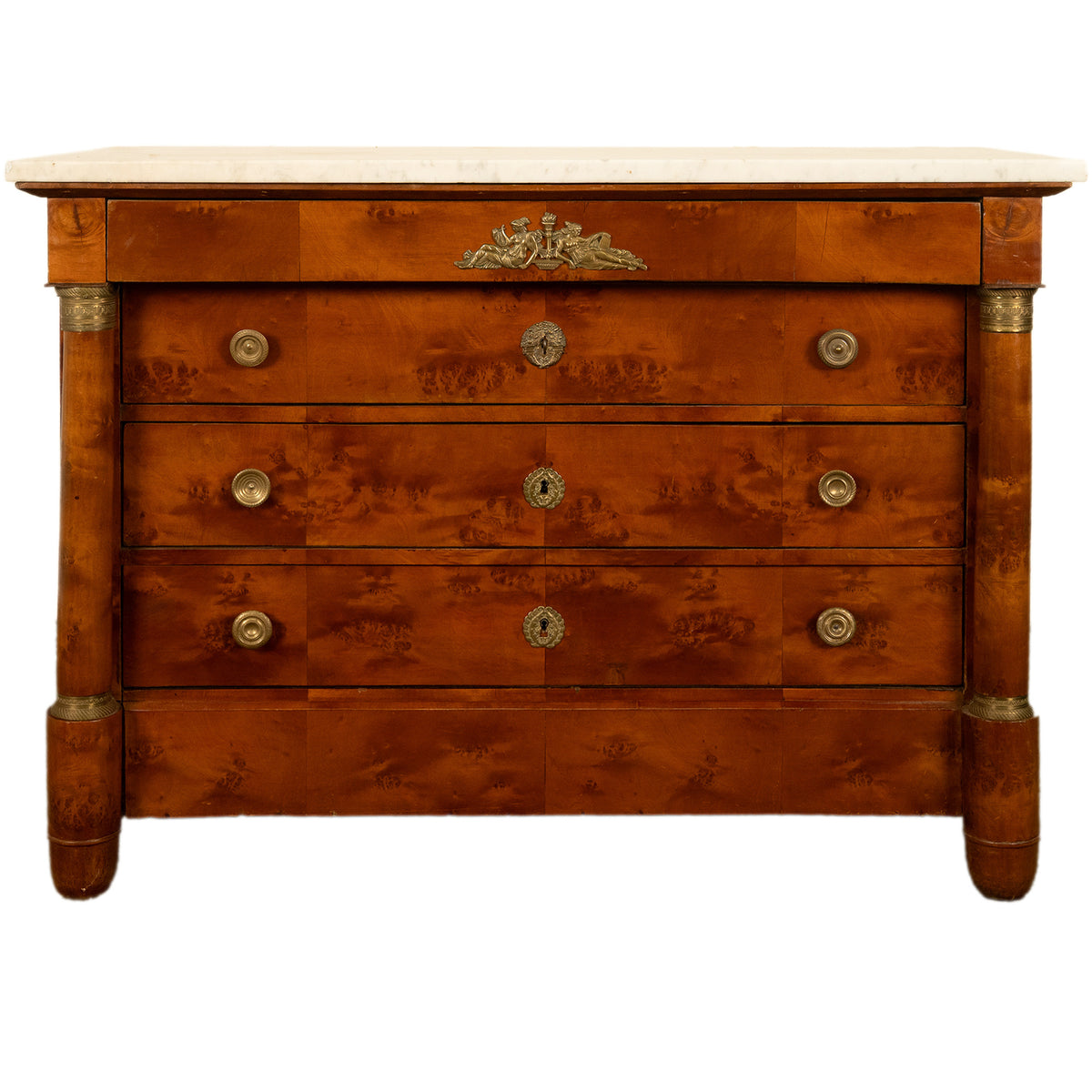 Antique 19th Century French Empire Burl Walnut Marble Ormolu Chest Drawers Commode 1810