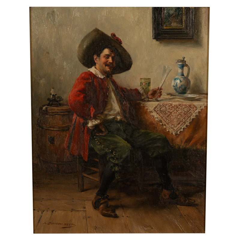 Antique German Genre Oil Painting Portrait Cavalier Drinking Wine by Albert Friedrich Schroder, 1899