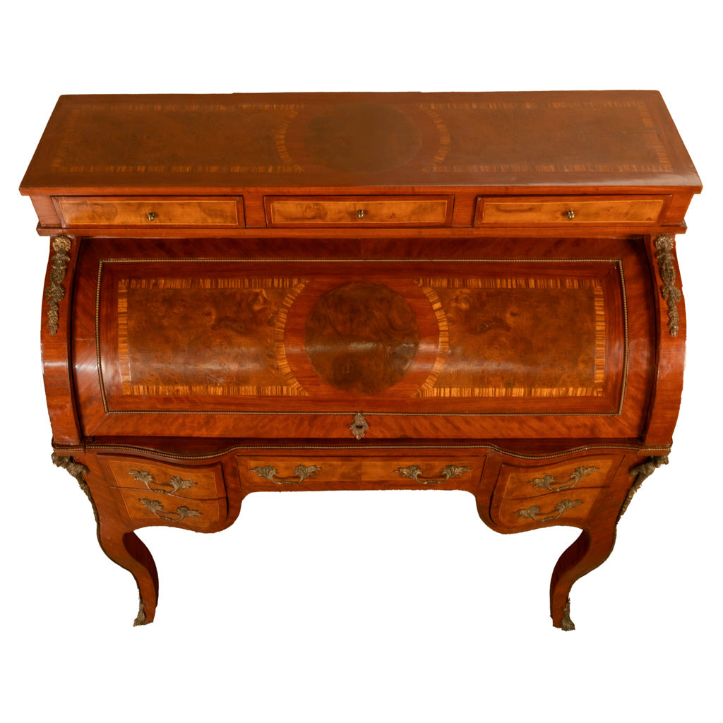 Antique French Louis XV Cylinder Marquetry & Ormolu Bureau Writing Desk 1880