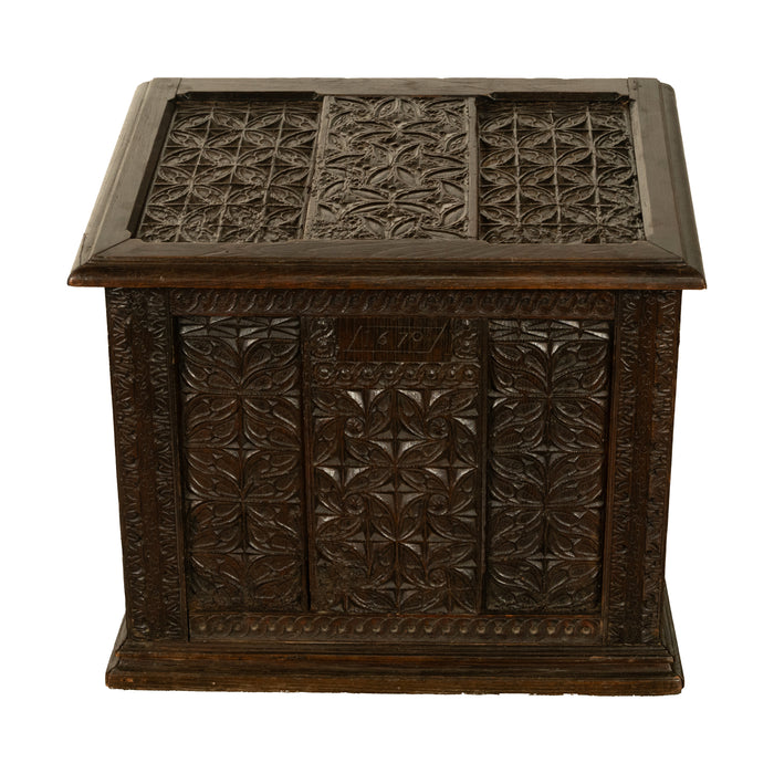 Antique French Medieval Gothic Carved Oak Chest Coffer 17th Century Panels 1679