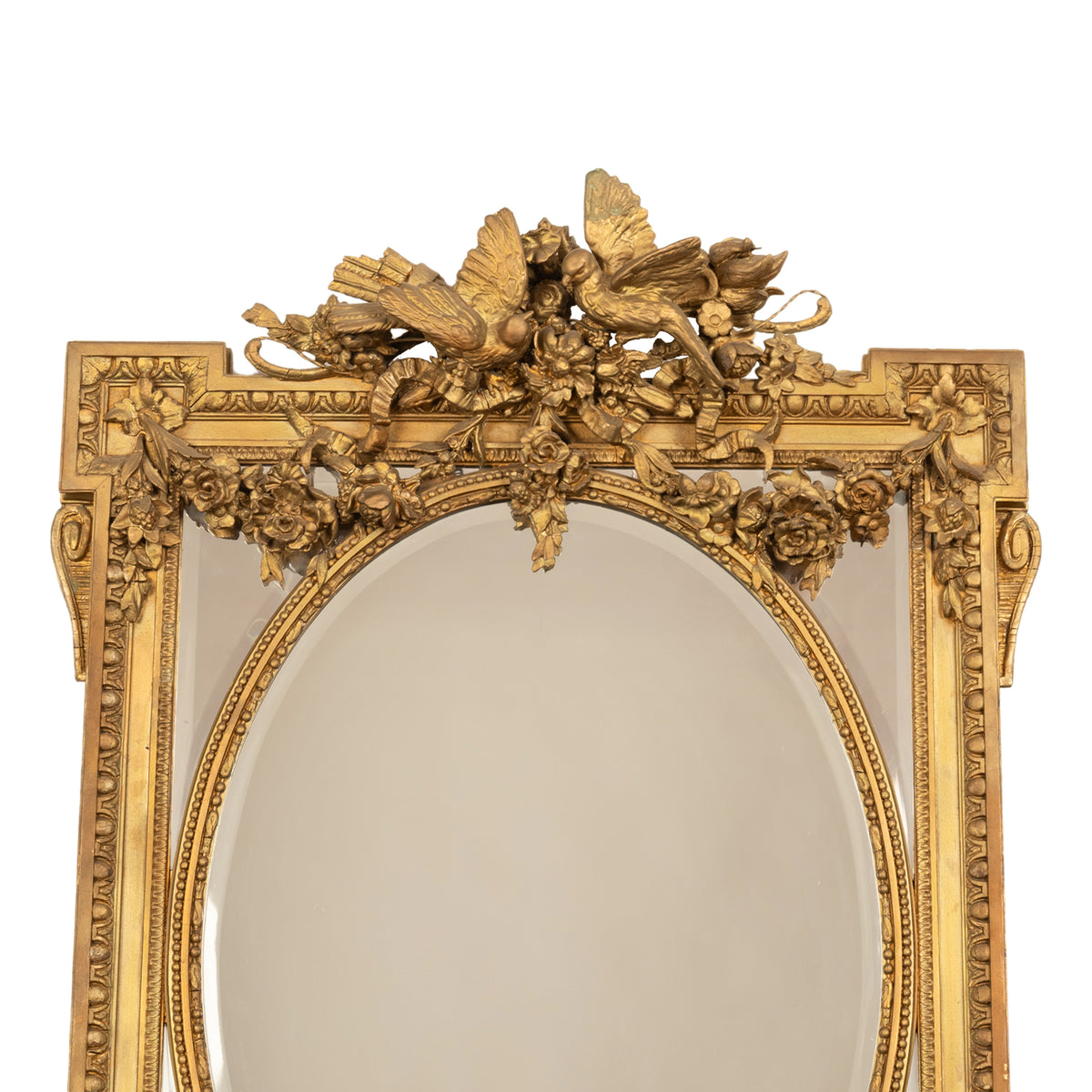 Large Antique French Louis XVI Giltwood Gilt Composition Mirror Lovebirds 1870