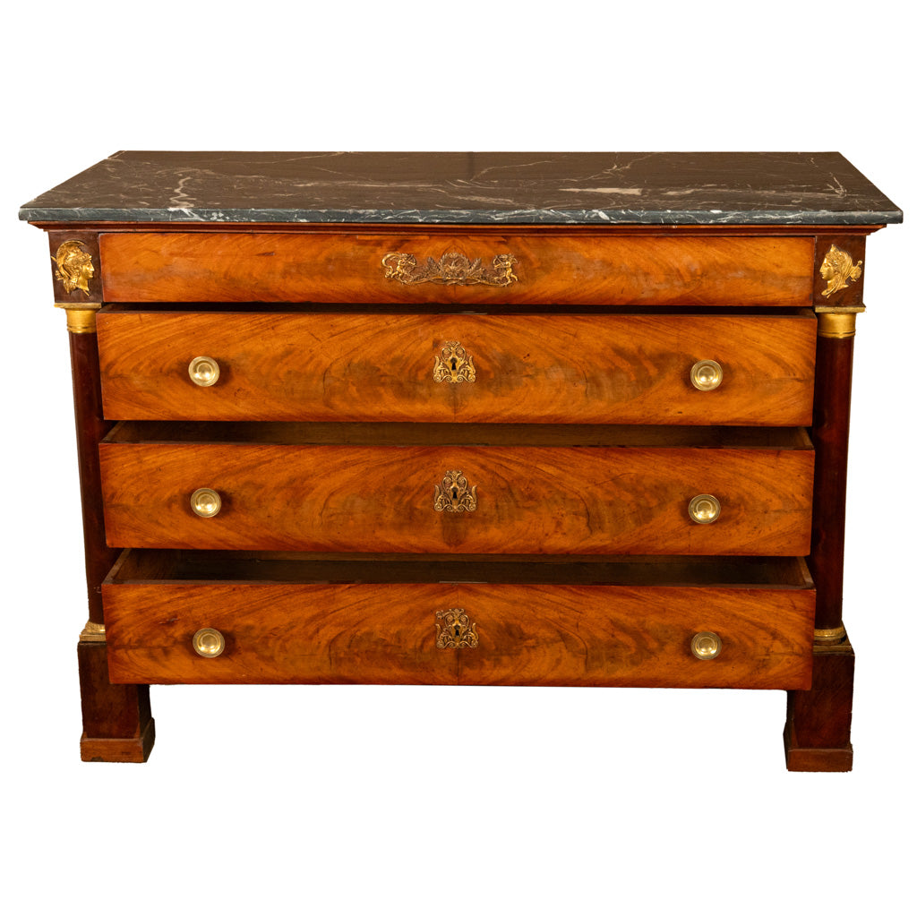 Antique French Empire Mahogany Marble Top Ormolu Commode Chest of Drawers 1810