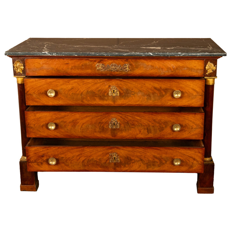 Antique French Empire Mahogany Marble Top Ormolu Commode Chest of Drawers 1810