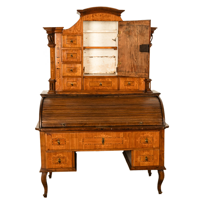 Antique Austrian Baroque Biedermeier Marquetry Roll Top Tabernacle Cabinet Desk Circa 1820