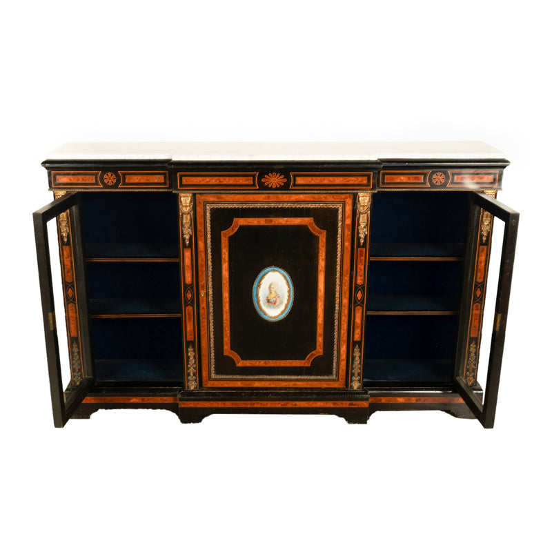 Antique French Napoleon III Ebony Ormolu Marble Sevres Porcelain Inlaid Credenza Cabinet 1860