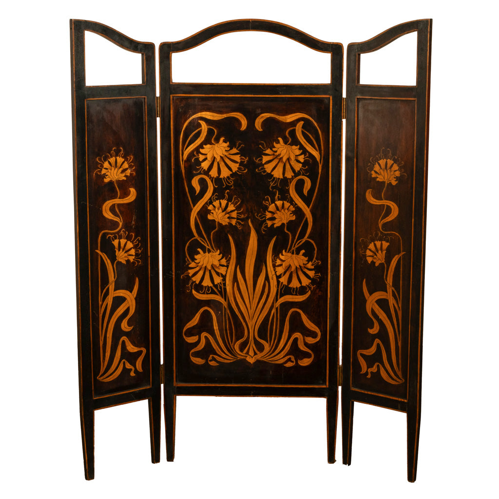 Antique Art Nouveau Mahogany Painted Fire Folding Screen Liberty Co London 1900