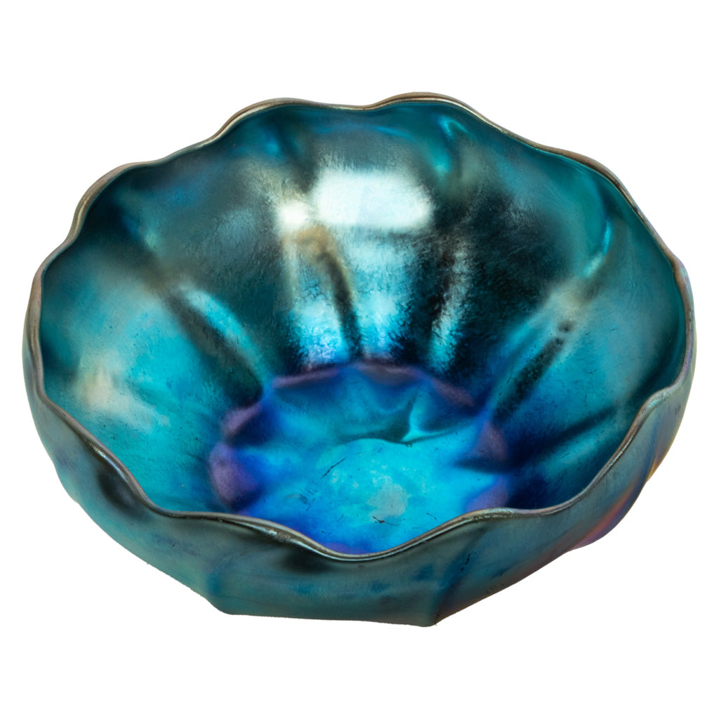Antique Tiffany Studios Blue Iridescent Favrile Art Glass Bowl Signed "LCT" 1905