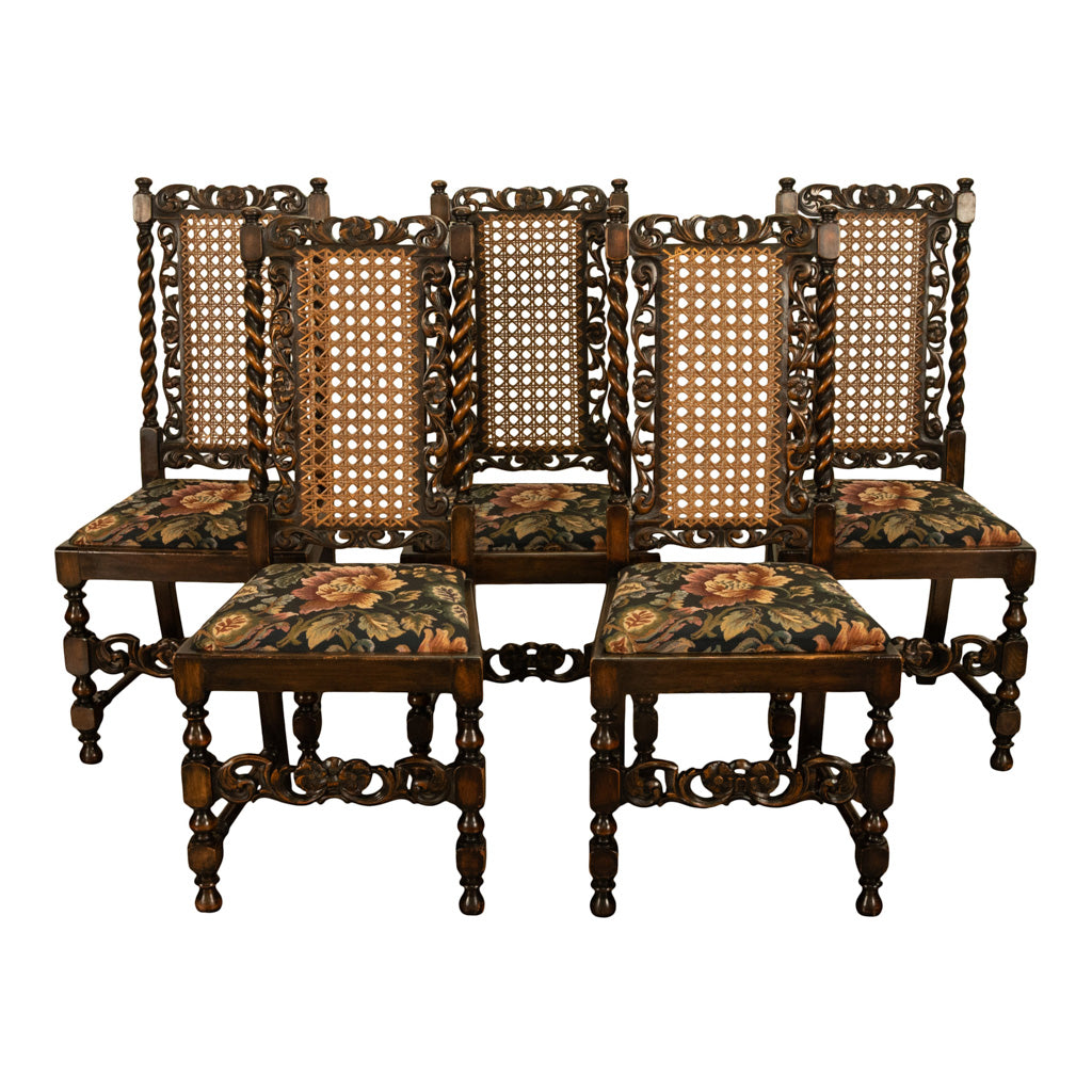 Antique 19thC Set 6 Carved Caned Jacobean Barley Twist Walnut Dining Chairs 1870
