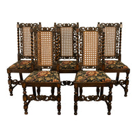 Antique 19thC Set 6 Carved Caned Jacobean Barley Twist Walnut Dining Chairs 1870