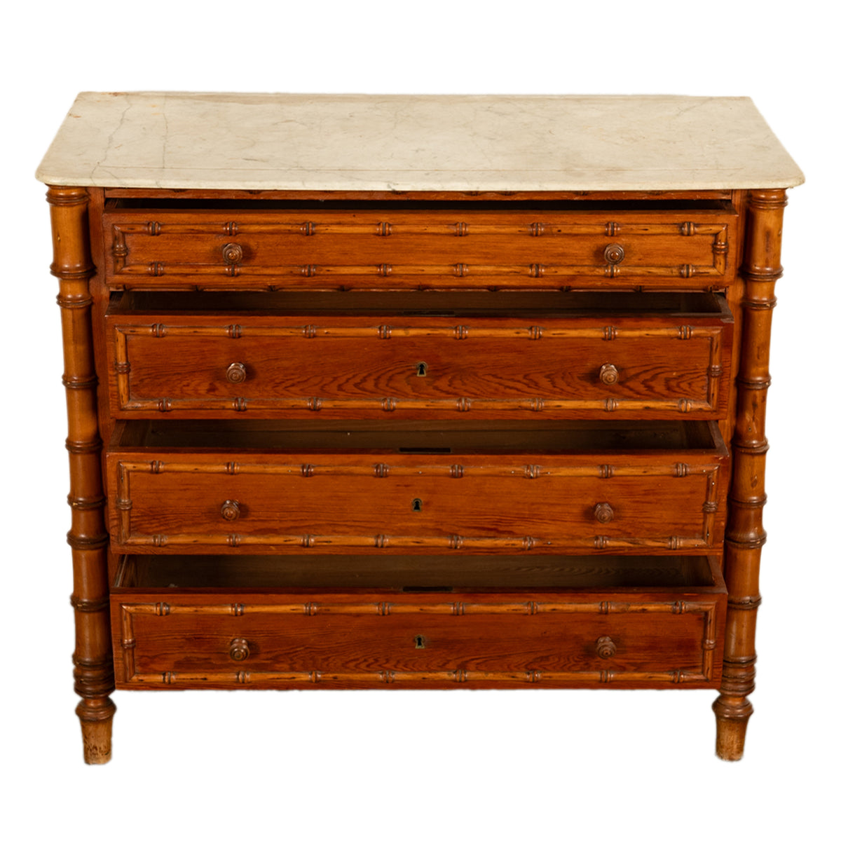 Antique 19th Century French Faux Bamboo Pine White Marble Chest Drawers Commode Circa 1880