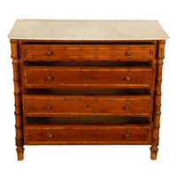 Antique 19th Century French Faux Bamboo Pine White Marble Chest Drawers Commode Circa 1880