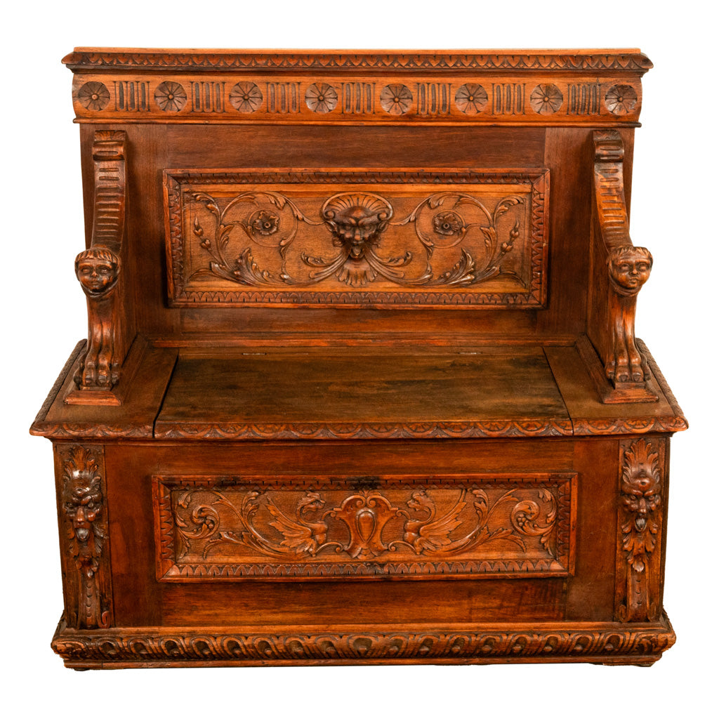 Antique 19th Century Italian Renaissance Revival Carved Walnut Bench Settle 1880