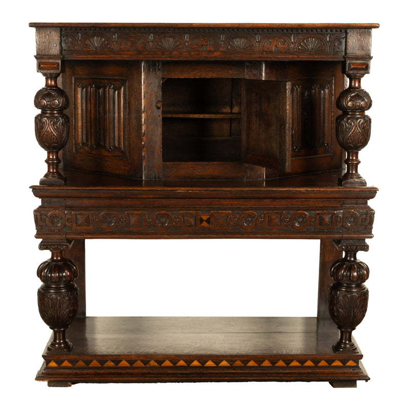 Antique 16th C Elizabethan Tudor Inlaid Oak Carved Court Cupboard Cabinet 1580