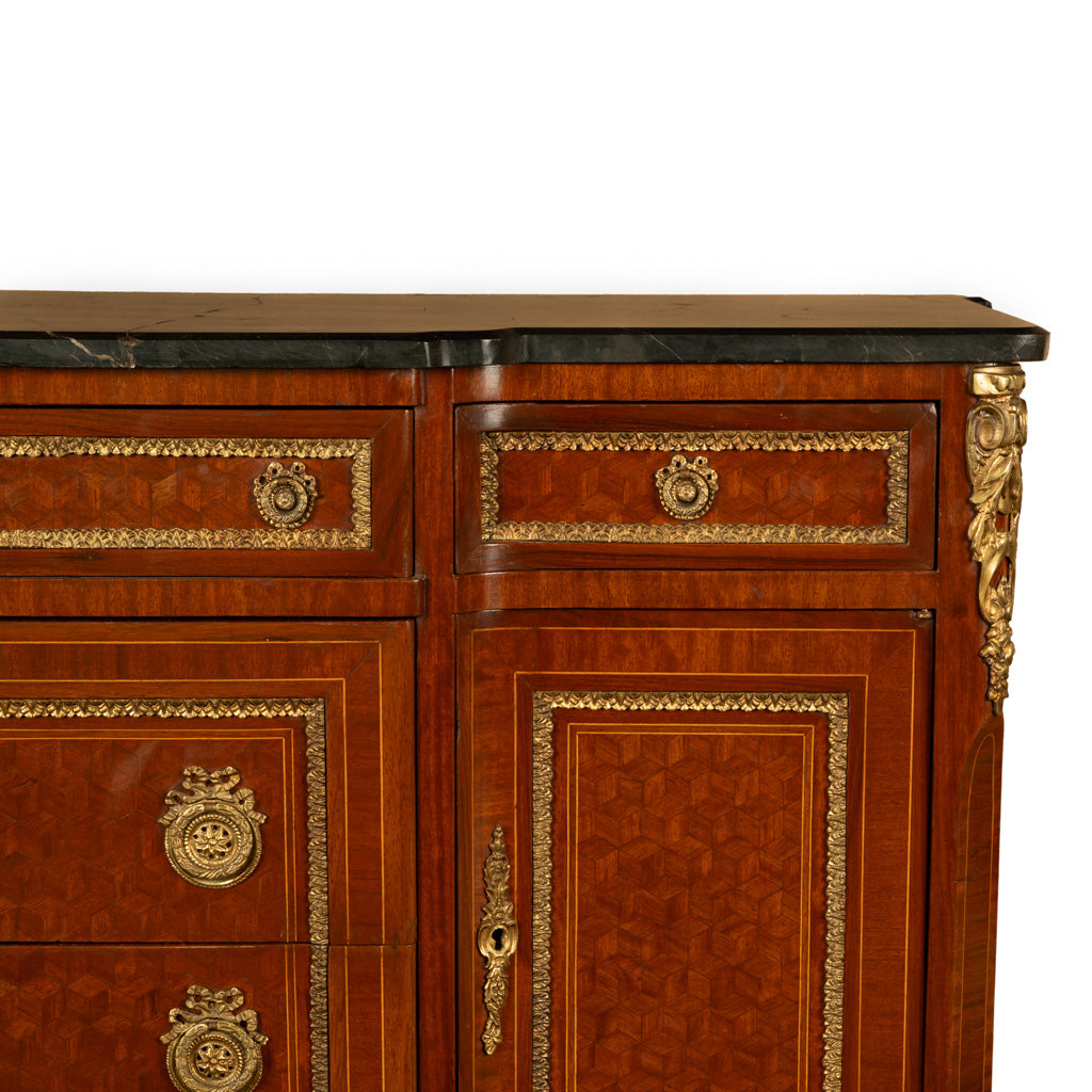 Antique French Parquetry Ormolu Marble Top Louis XVI Commode Chest Drawers 1880