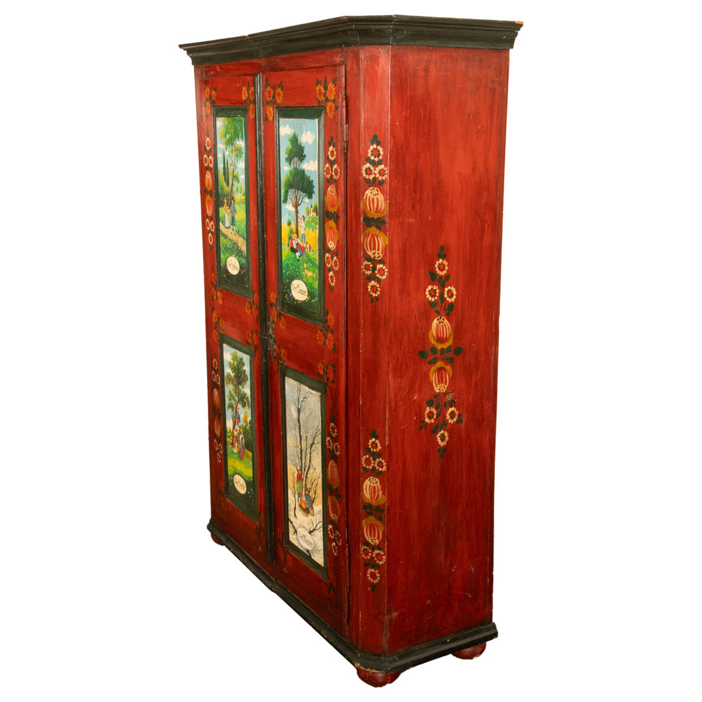 Antique 19th Century German Painted Cabinet Wedding Armoire "Four Seasons" 1850