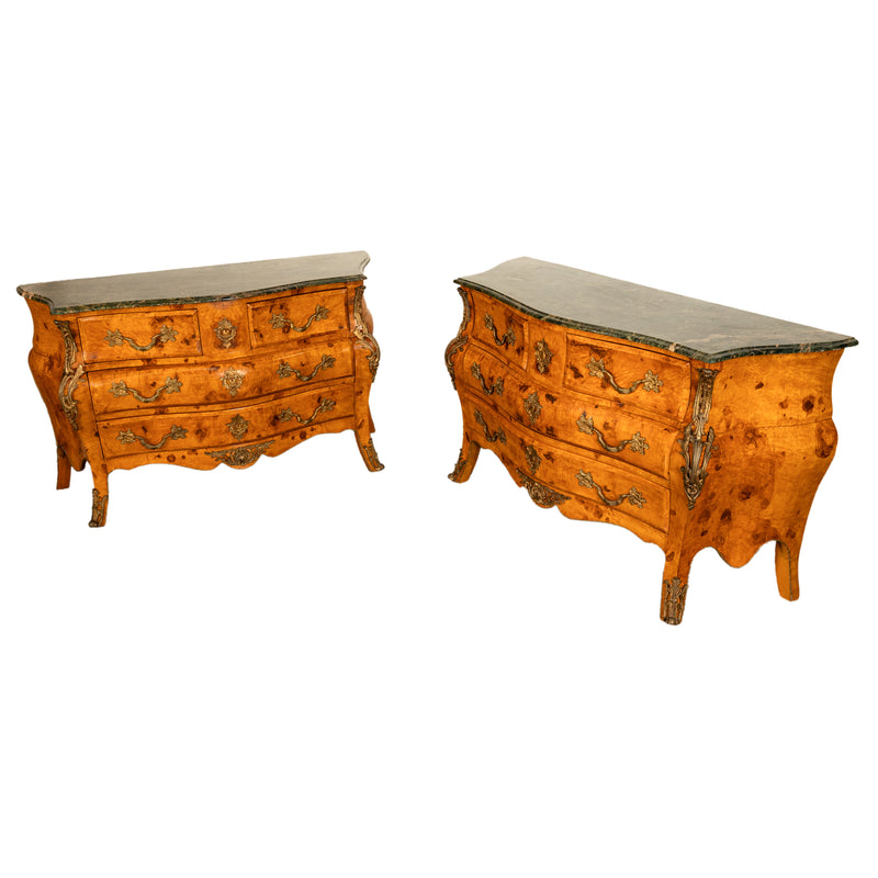 Pair 19th Century Antique Italian Burlwood Bombe Commodes Chests Ormolu & Green Marble 1890