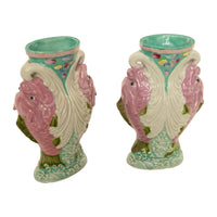Pair Antique Chinese Qing Dynasty Wucai Glaze Porcelain Double Dragon Fish Vases, 1890