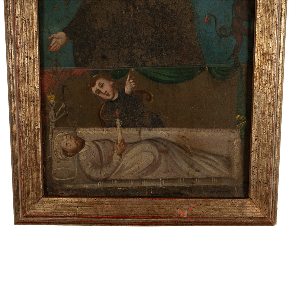 Antique 18thC Spanish Colonial Icon Painting Retablo St. Camillus & Christ 1760