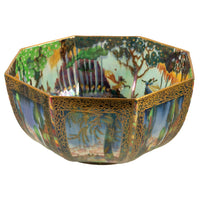 Large Wedgwood Fairyland Lustre Potrcelain Bowl Elves Boxing Match & Castle on a Road 1920