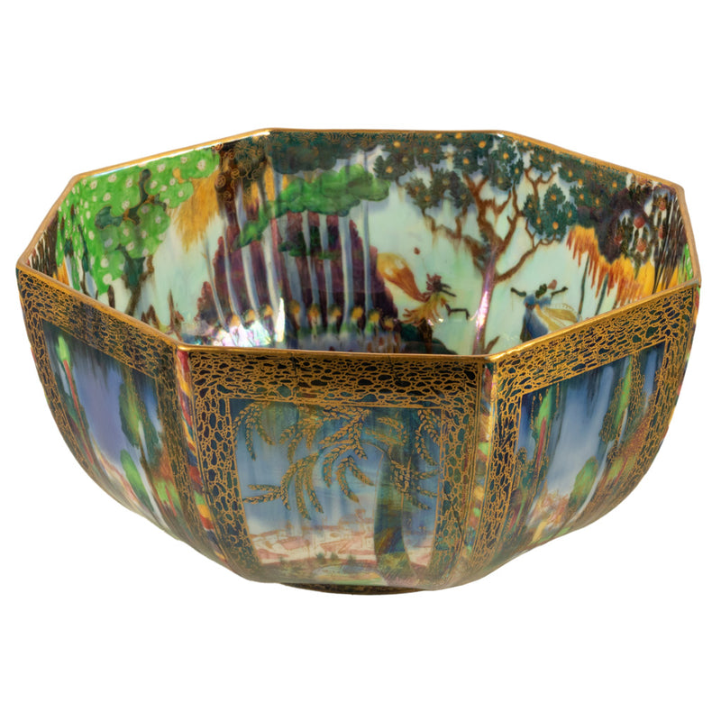 Large Wedgwood Fairyland Lustre Potrcelain Bowl Elves Boxing Match & Castle on a Road 1920